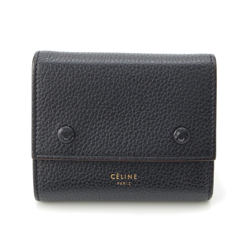 Celine Leather Compact Tri fold Wallet Navy Blue